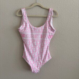 Christian Dior Paris Monogram Big Logo Pink/White Swimsuit Size L One Piec